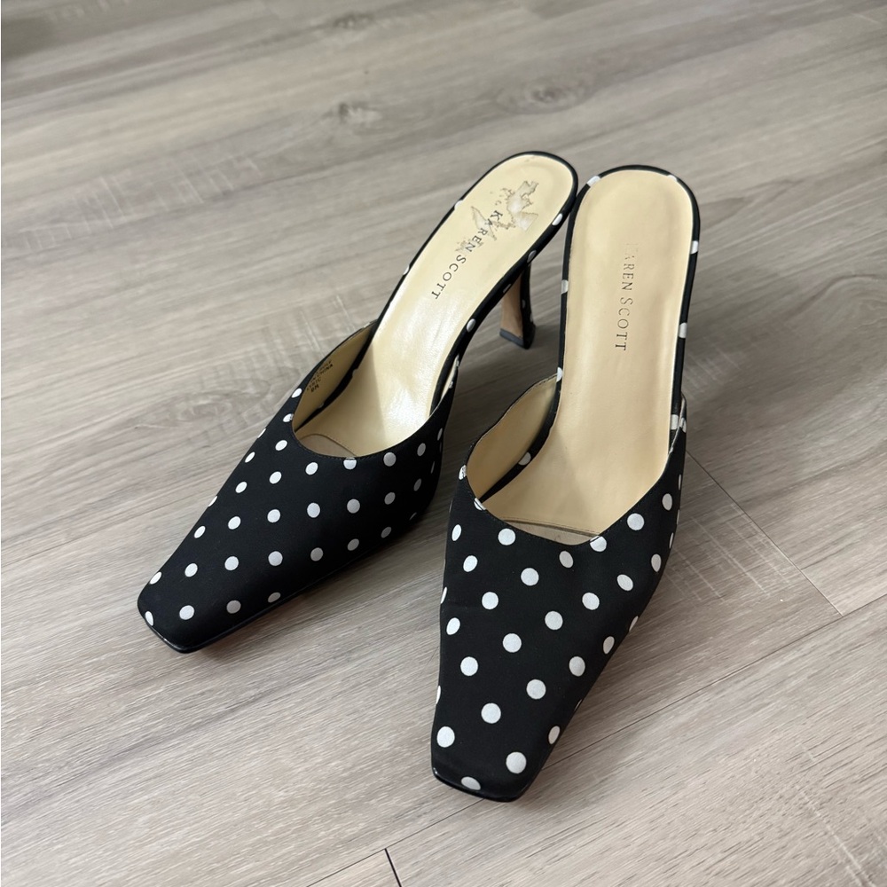 Karen Scott Black and White Polka Dot Pointed Mule Heels